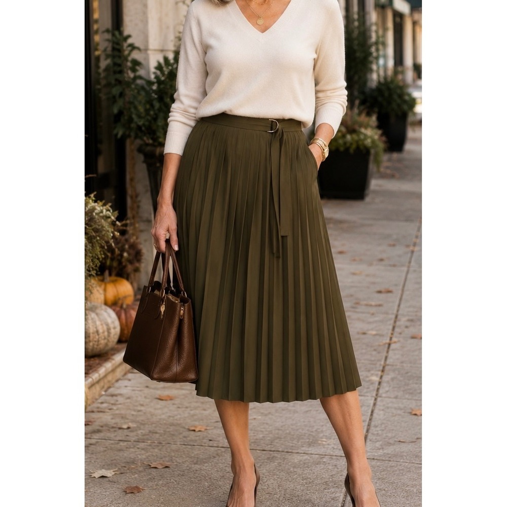 Lewit Womens Midi Skirt Olive Green Pleated Dark Academia Minimalist Flowy